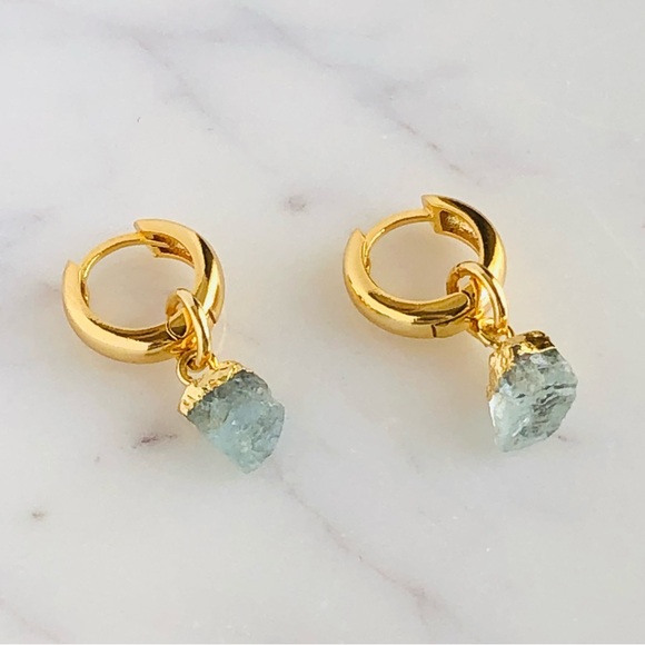 18K Gold Plated Aquamarine Stone Charm Huggie Earrings - Picture 6 of 6